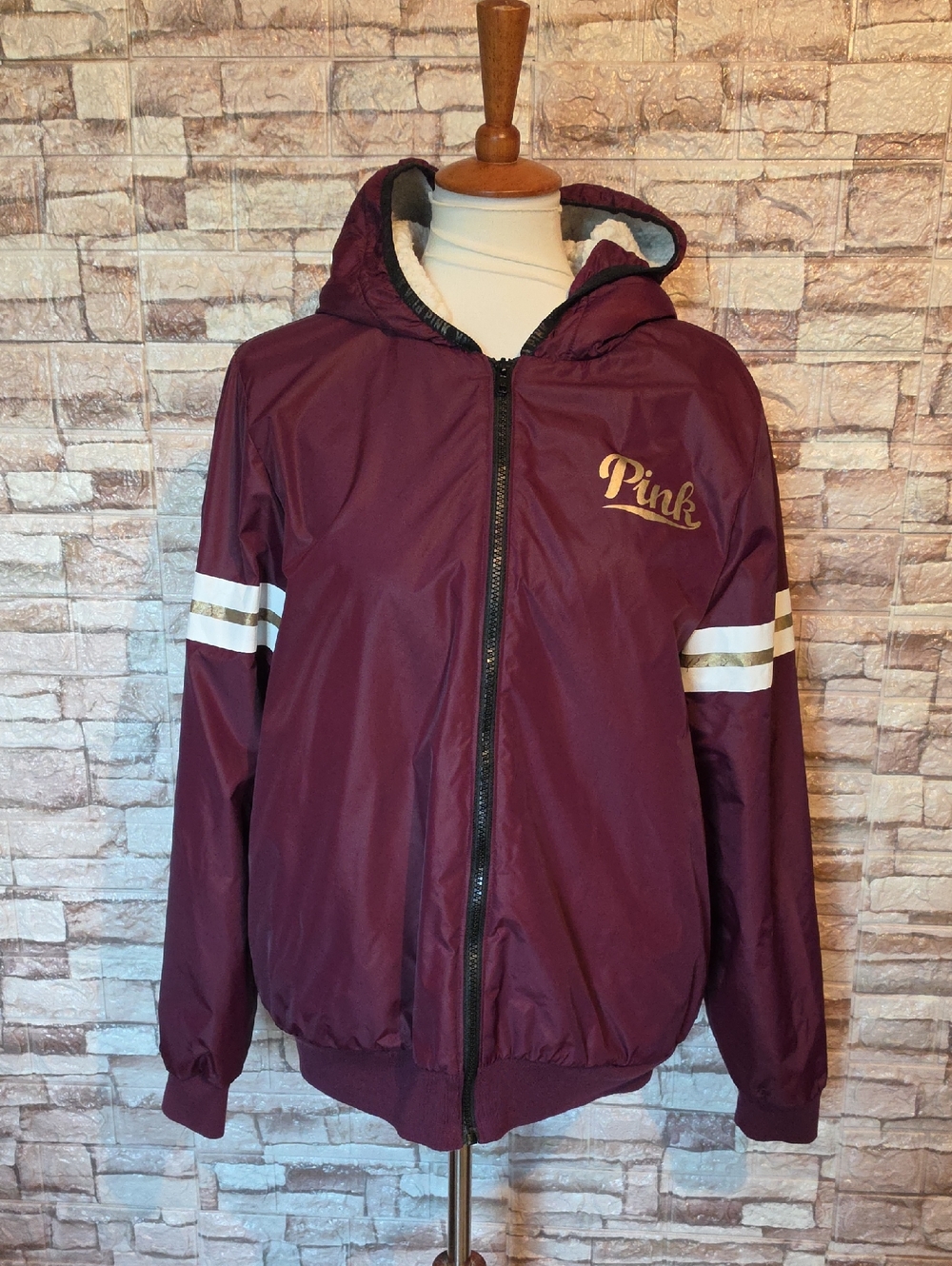 Victoria Secret PINK Maroon Hooded Windbreaker with Gold Logo Jacket